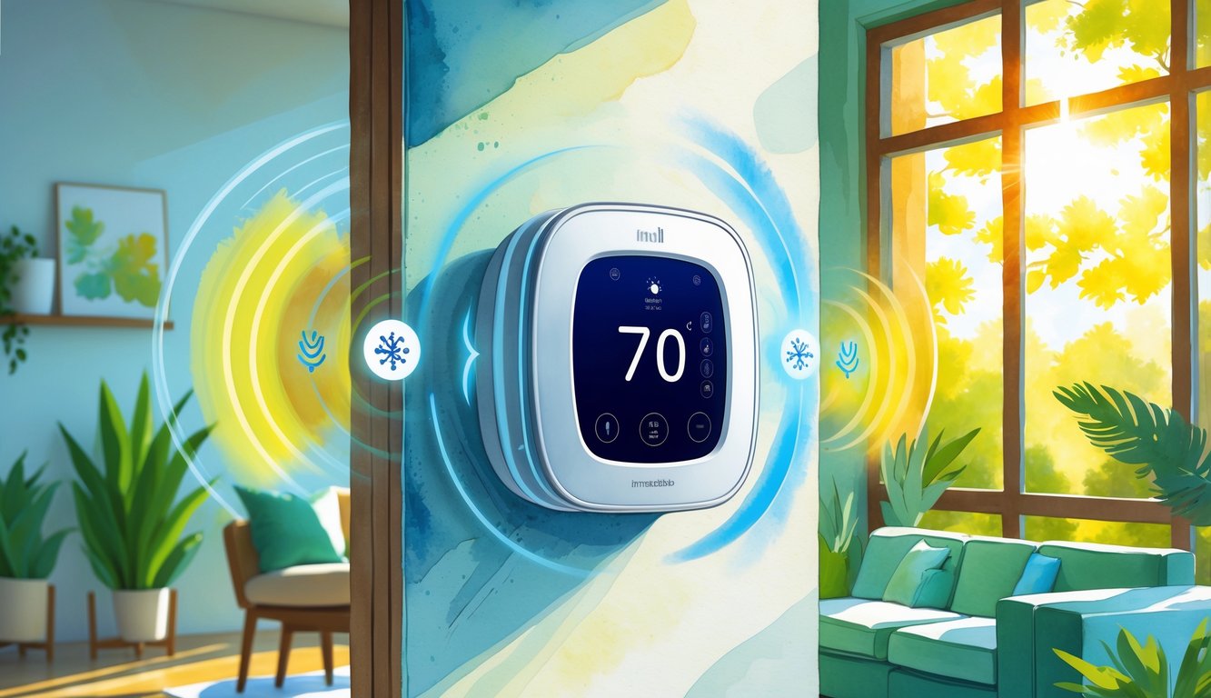 A modern smart thermostat on a wall in a bright living room with a window showing sunlight and trees outside.