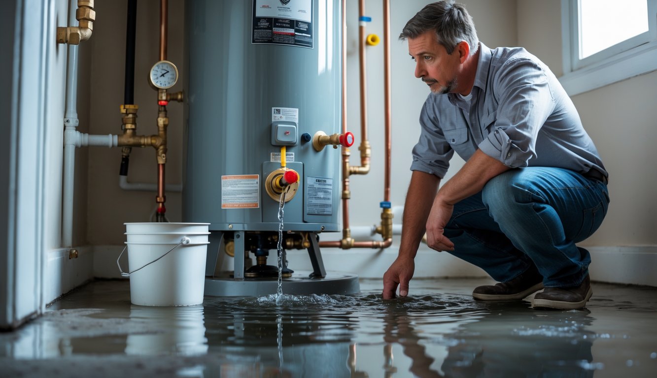 A homeowner inspecting a water heater with water leaking from its base in a utility room.