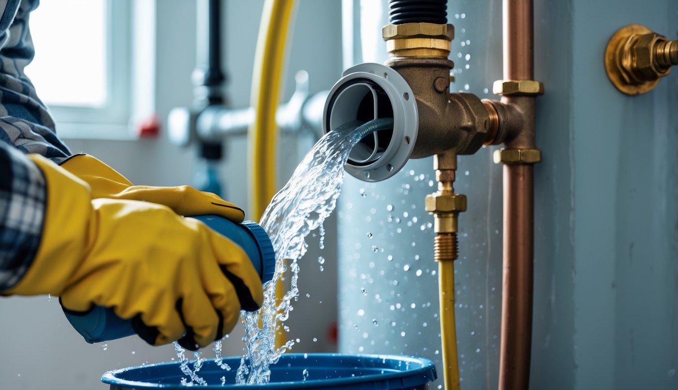 Hands wearing gloves draining water from a water heater into a bucket in a basement utility room.
