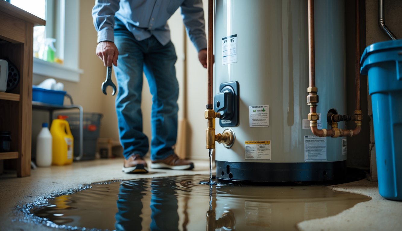 A homeowner stands next to a leaking water heater with water pooling on the floor, looking concerned in a utility room.