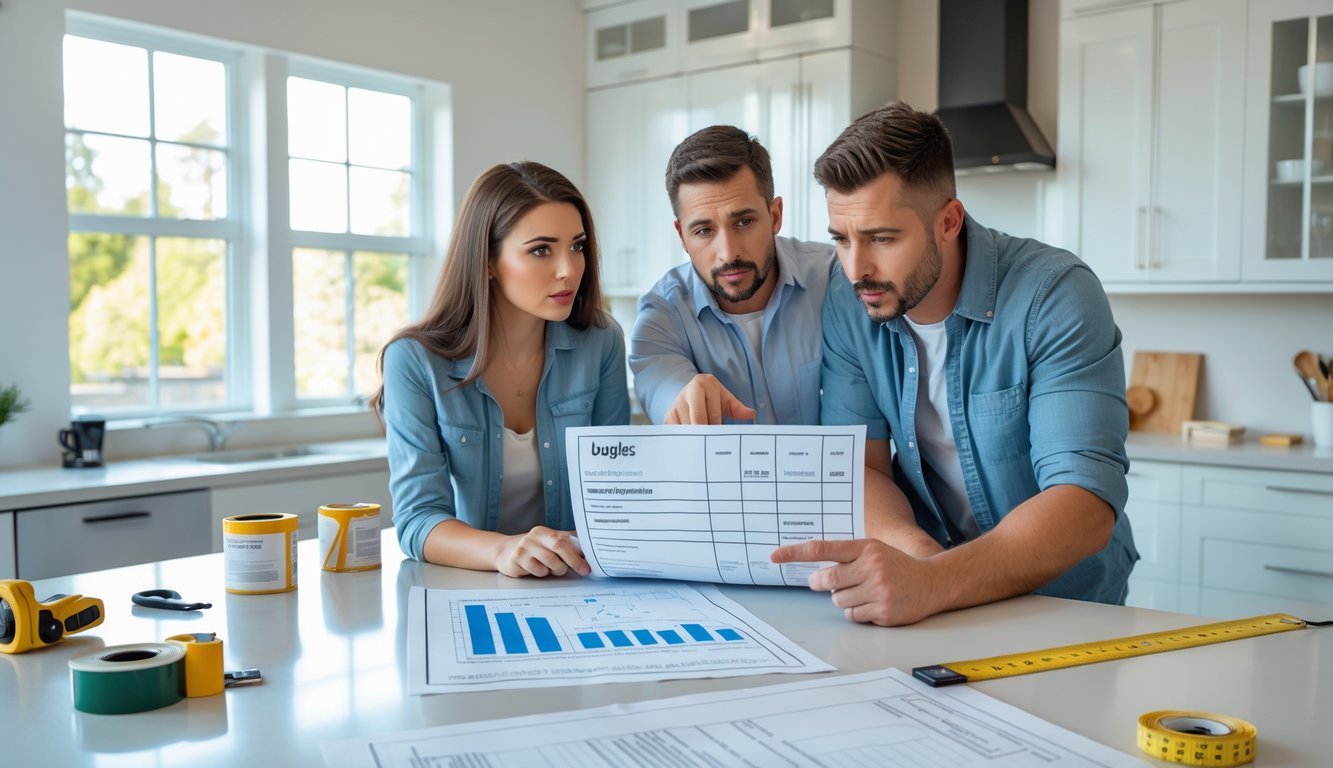 A couple and a contractor reviewing a budget document in a bright, modern kitchen surrounded by remodeling materials.