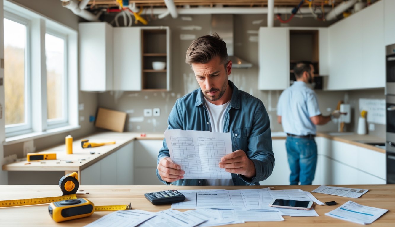 A homeowner and contractors in a kitchen under renovation, with tools and materials around, reviewing a budget sheet.
