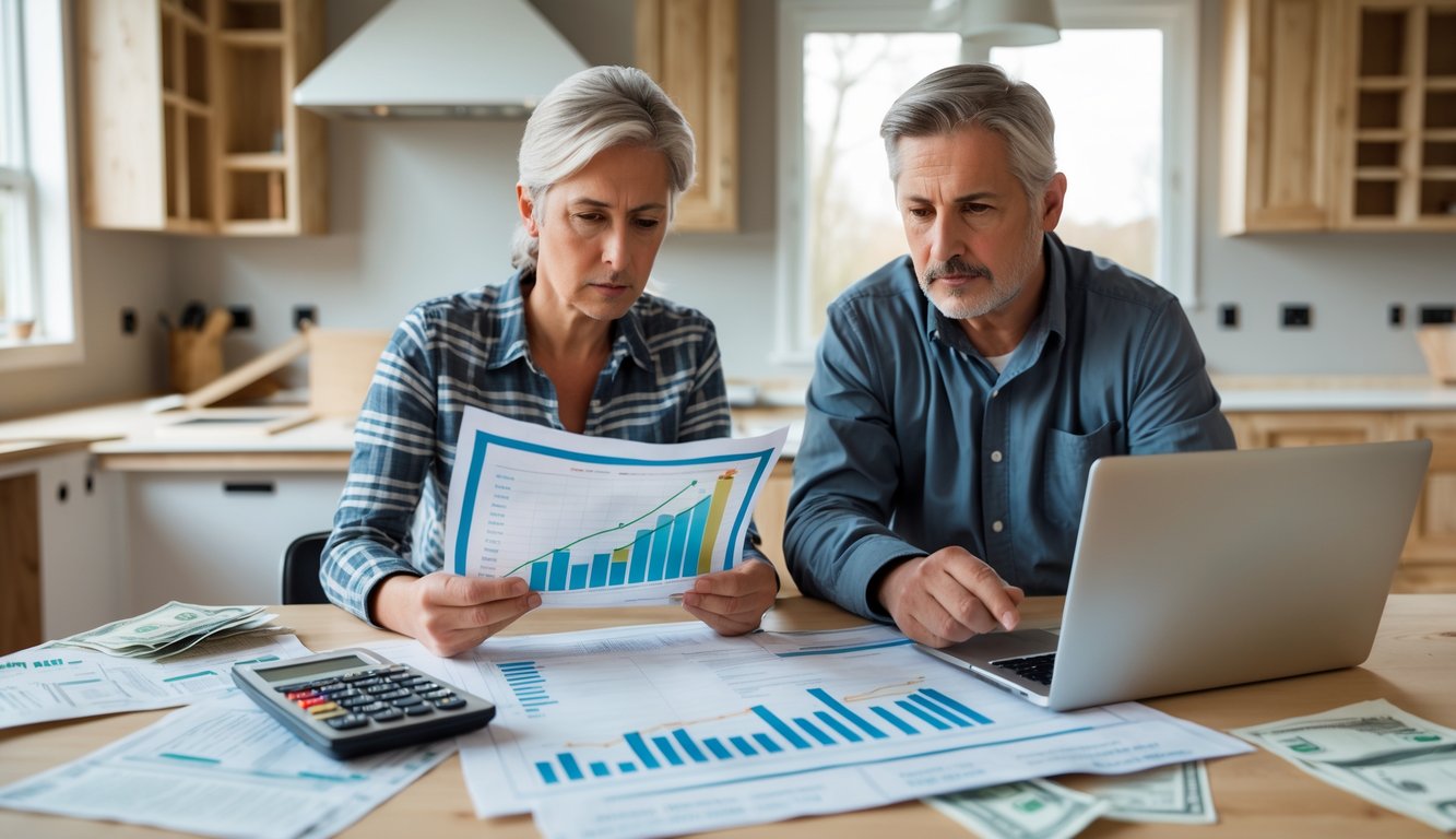 A couple reviewing home renovation plans and financial documents at a kitchen table with a partially remodeled kitchen in the background.