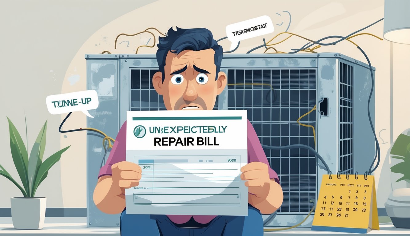 A worried homeowner holding a high HVAC repair bill with a neglected HVAC unit showing dust and loose wires in the background.