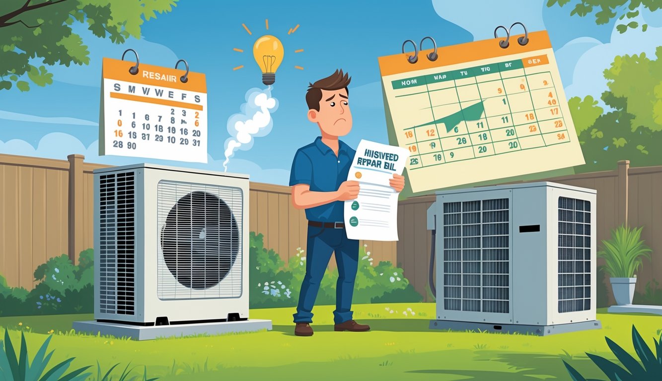 A worried homeowner stands next to a broken HVAC unit emitting smoke and sparks, holding a large repair bill, with a calendar showing missed maintenance dates in the background.