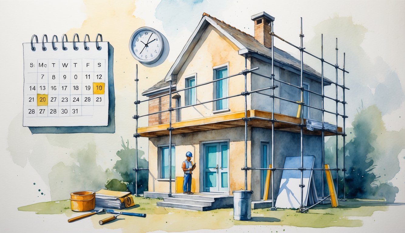 A contractor standing near a partially renovated house with scaffolding and construction materials, looking at blueprints, with a calendar and clock in the background.