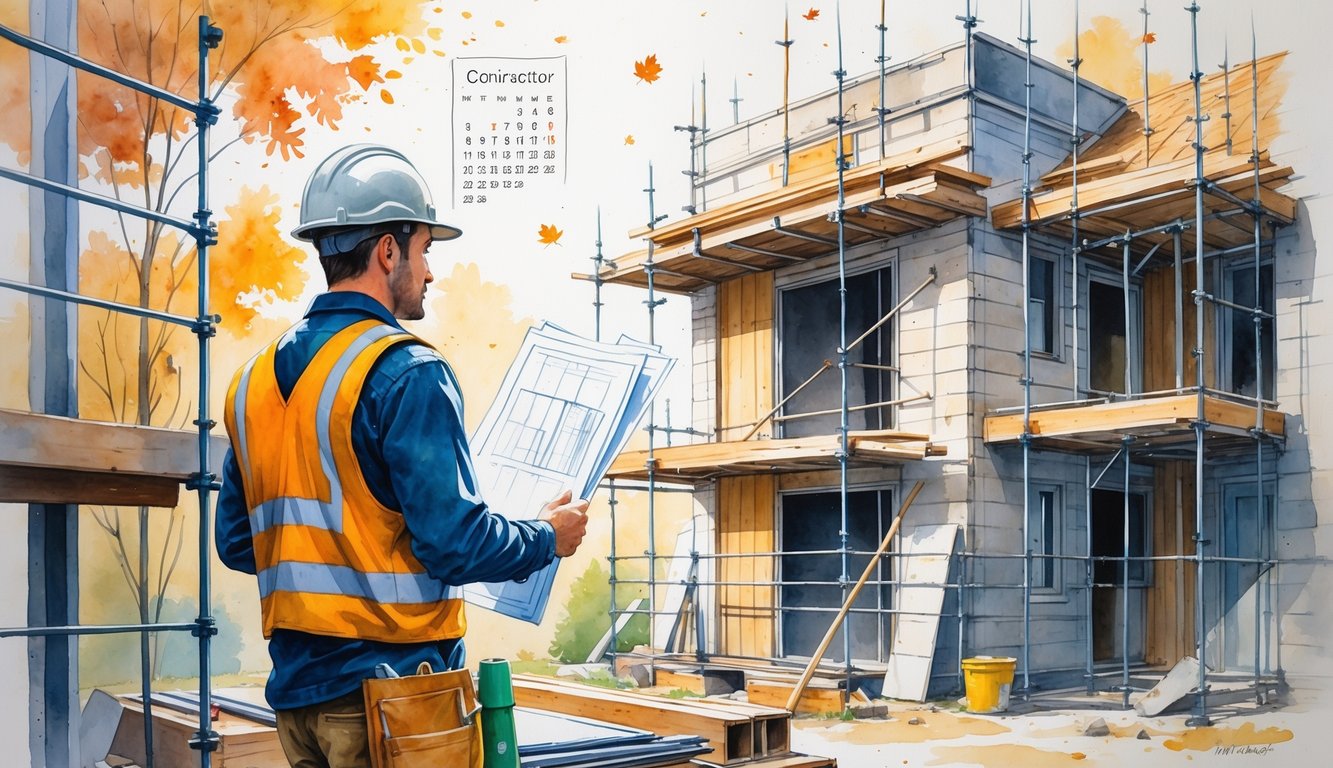 A contractor at a home construction site holding blueprints, looking at a partially built house with scaffolding and construction materials around, with autumn leaves falling in the background.