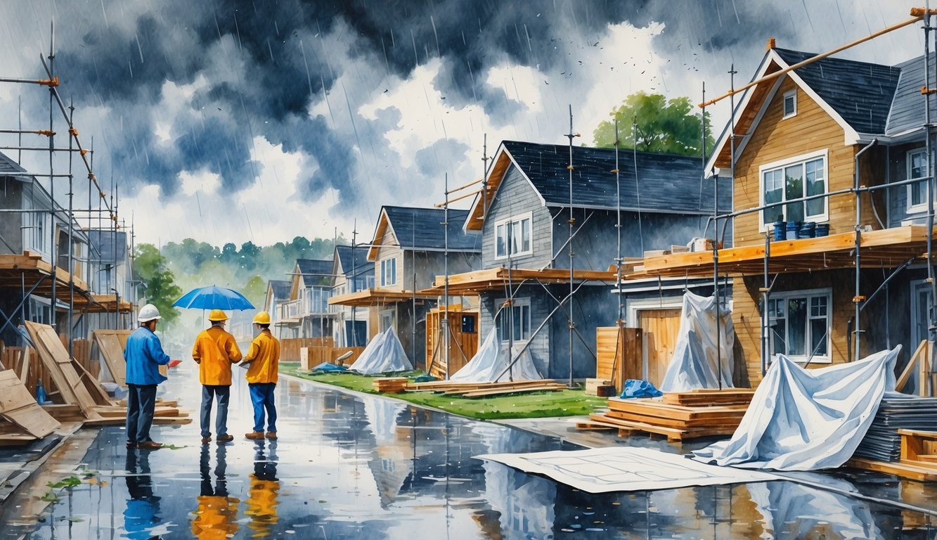 A neighborhood with houses under renovation in rainy weather, showing contractors working amidst construction materials and wet conditions.