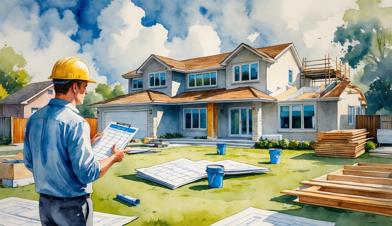 A homeowner and contractor discussing a house renovation with construction materials and paperwork around, showing signs of delays and challenges.