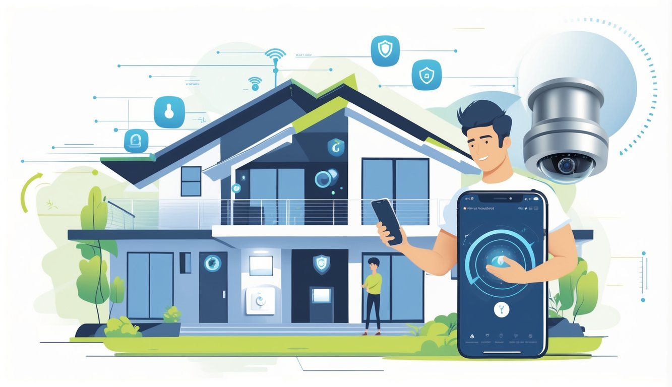 A modern house equipped with smart security devices and a homeowner using a smartphone app, with a faded old alarm system in the background.
