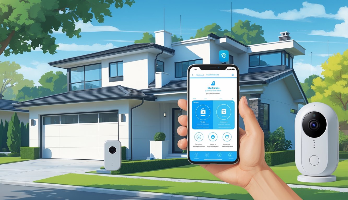 A homeowner using a smartphone to monitor advanced security devices on a modern house, with older alarm equipment shown in the background.