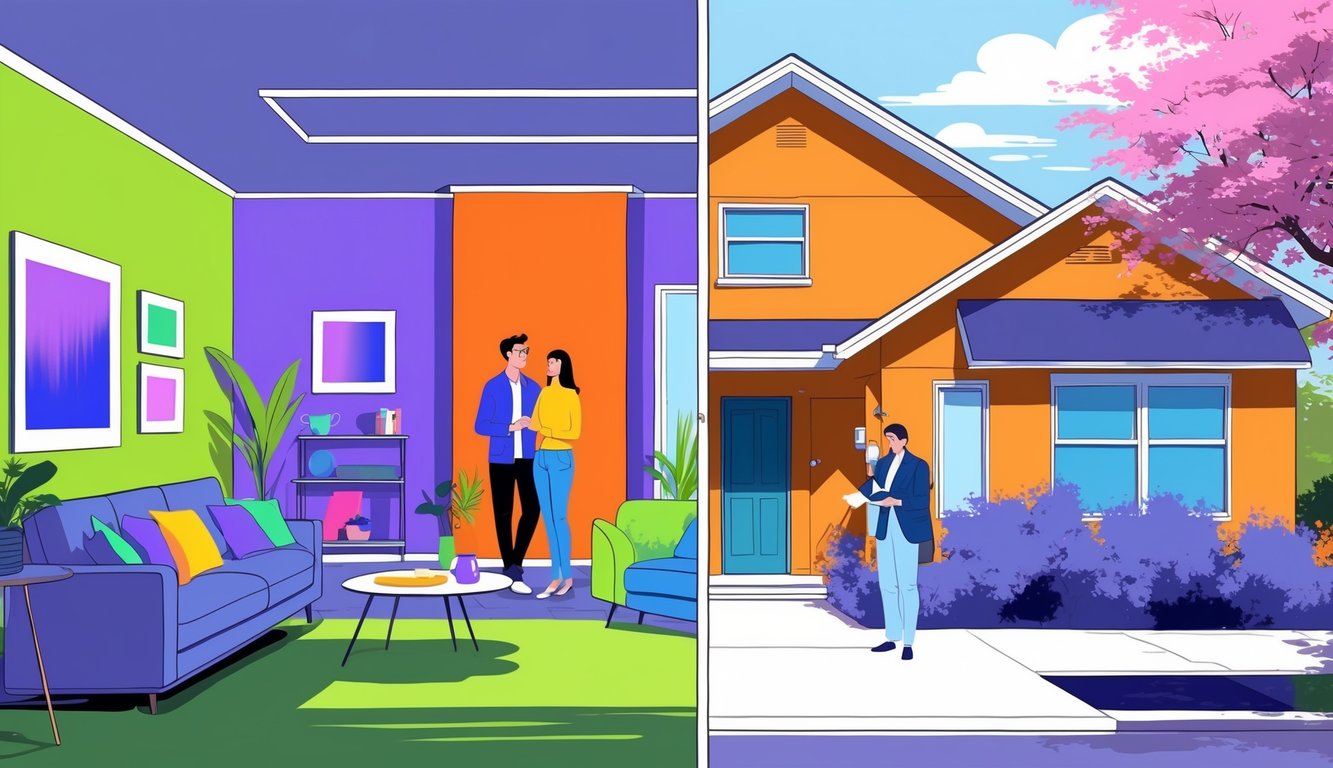 A couple and a real estate agent examining a house with bold, unusual paint colors inside and outside, showing concern about the paint choices.