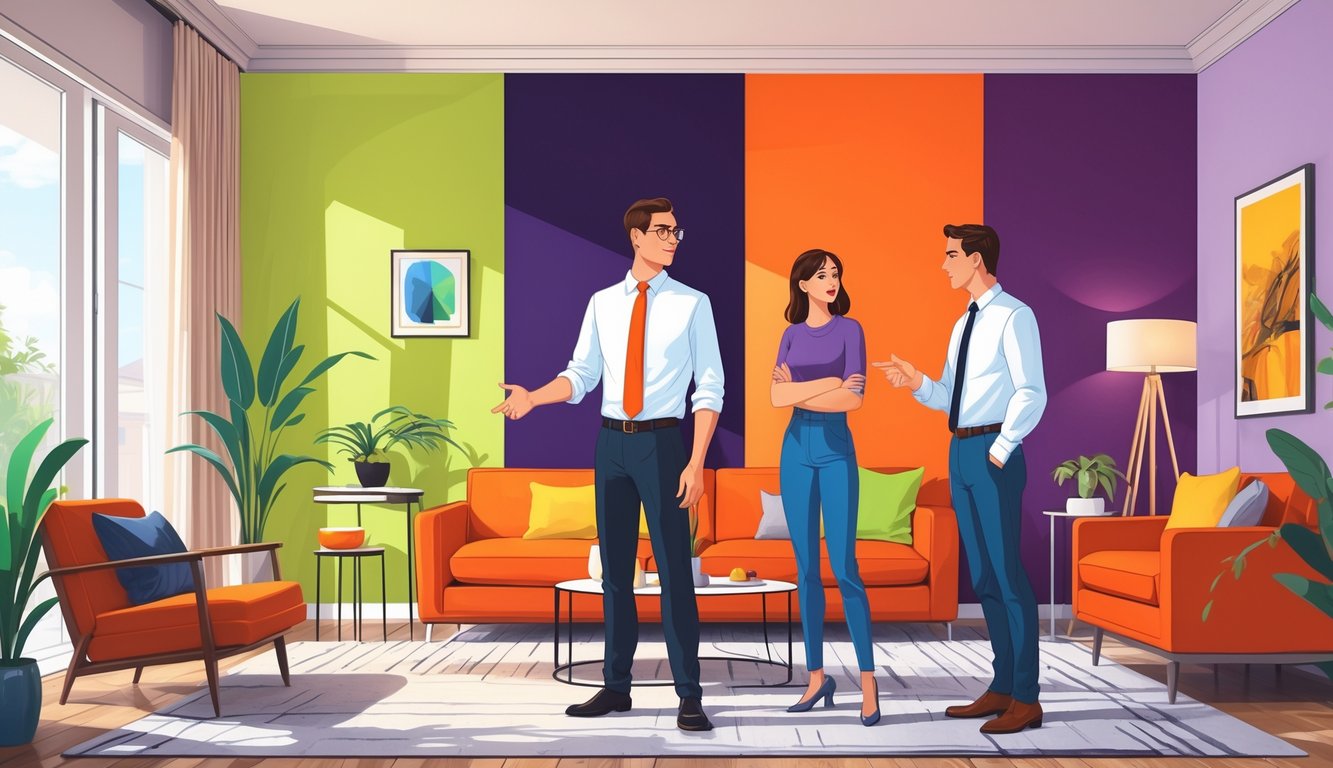 A real estate agent shows a house with brightly painted walls to a couple who look uncertain about the paint colors.