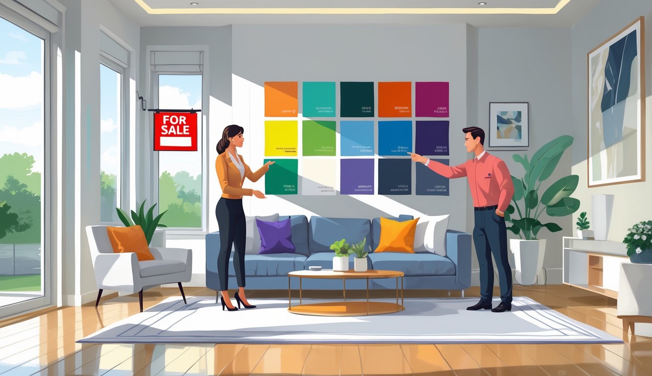 A realtor advises a homeowner about paint color choices in a living room with color swatches and a for sale sign visible outside.