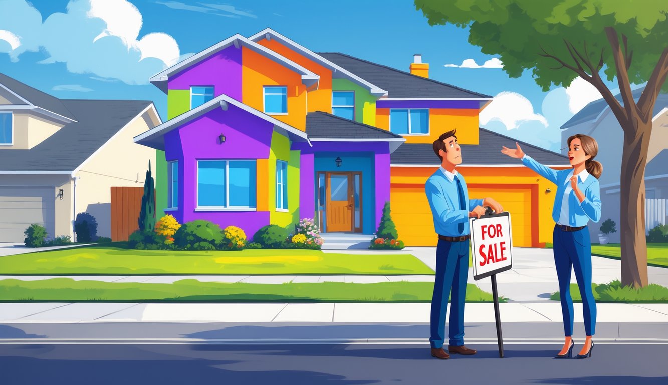A couple stands in front of a brightly painted house with unusual colors, looking concerned, while a realtor talks to them in a neighborhood with more neutral-colored homes.